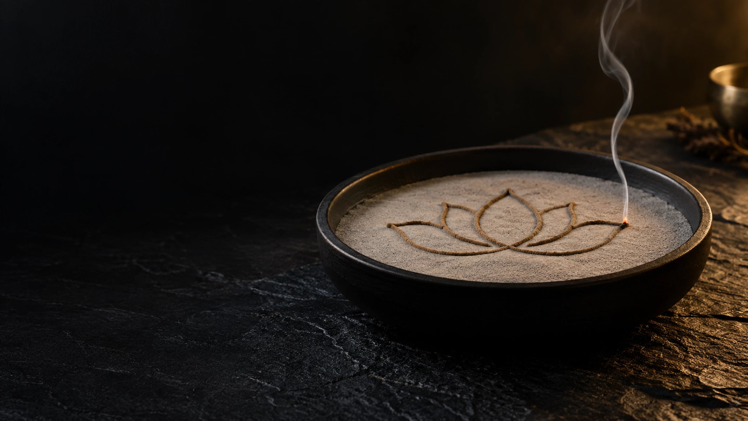 A lotus-shaped incense seal burning slowly in a black ceramic dish on dark stone