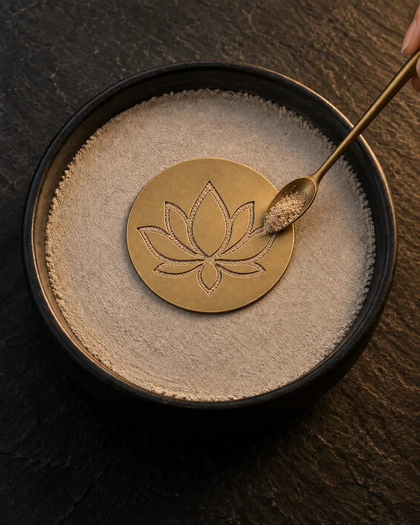 A brass spoon filling a lotus-shaped incense stencil with fragrant powder