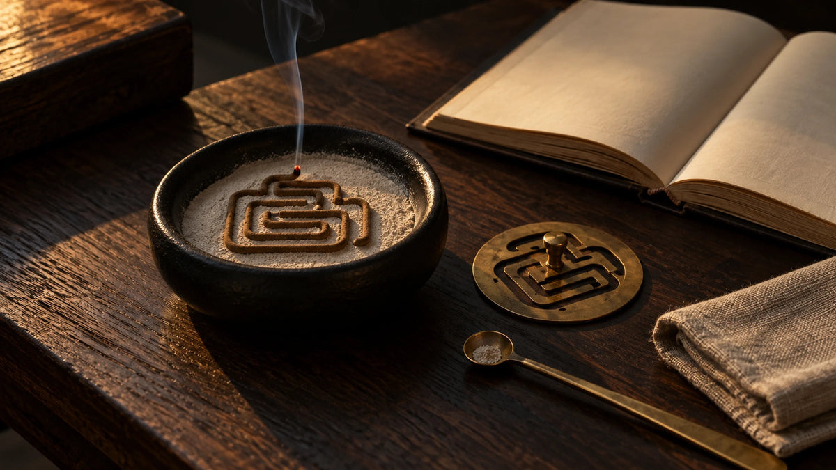 A powder incense pattern, brass stencil and blank book on a dark wooden table