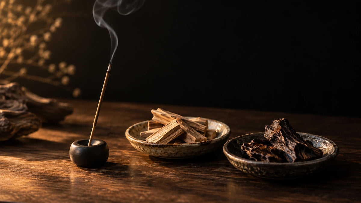 An incense stick beside dishes of light and dark wood on a warm wooden table