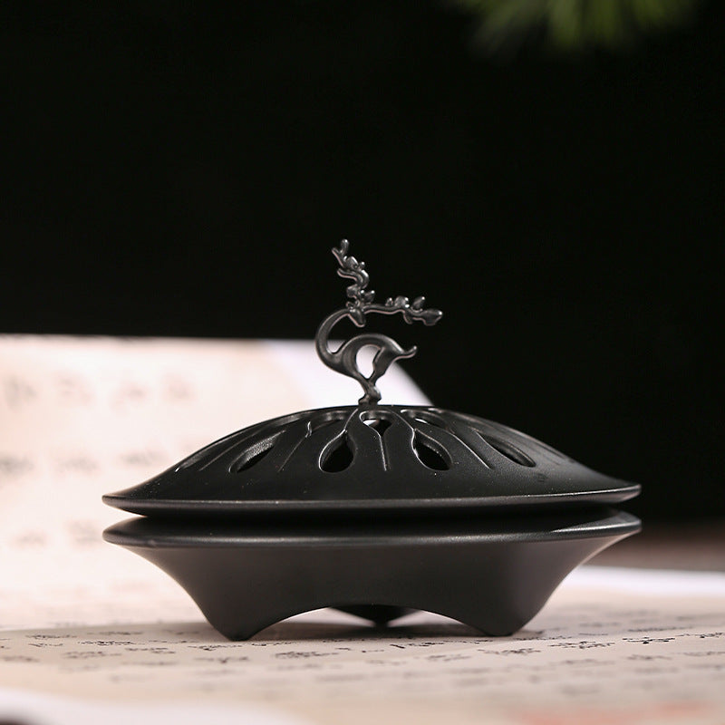 Black deer lid metal incense coil burner