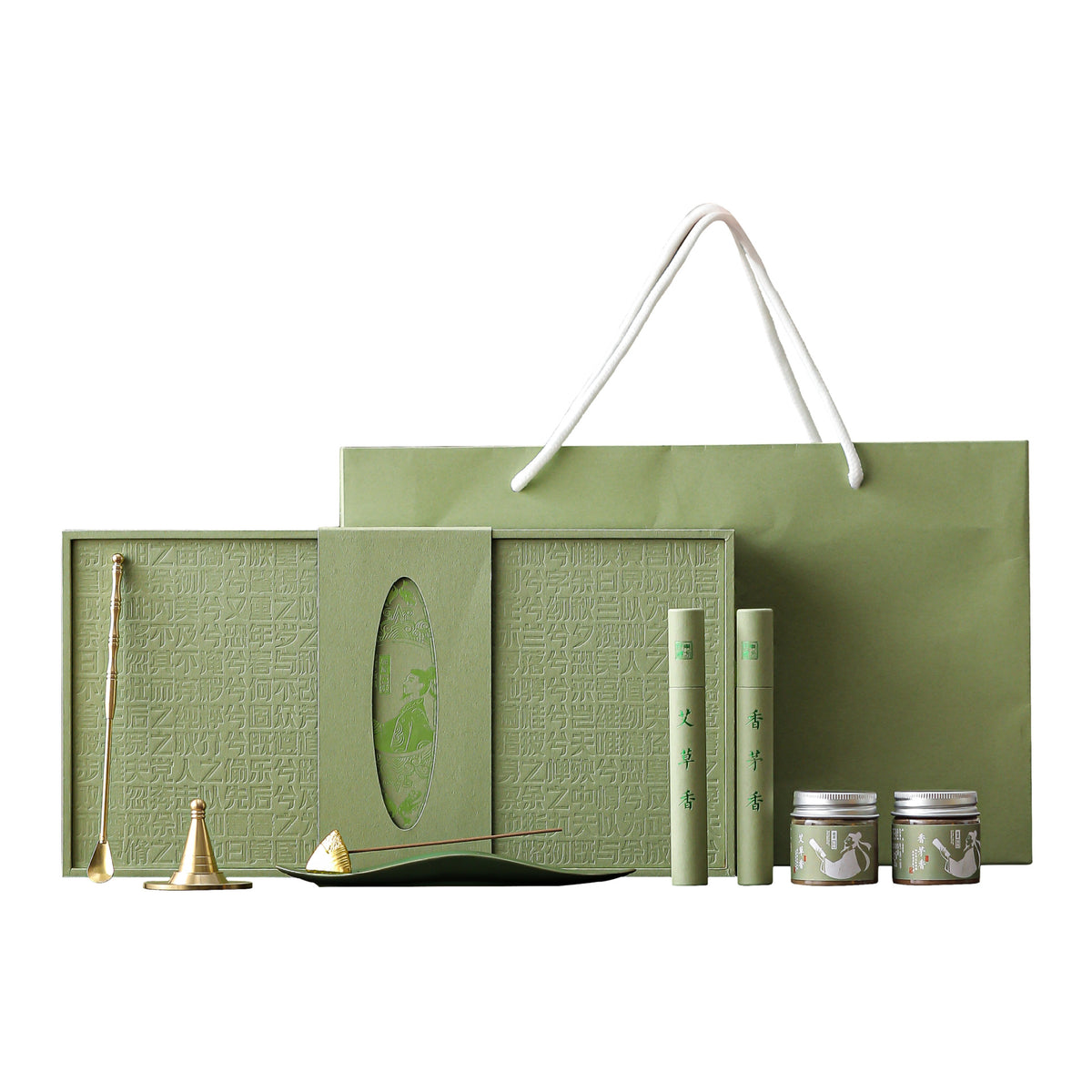 Green Leaf incense gift set and matching bag on a white background