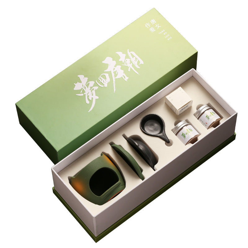 Sage green ceramic incense warmer gift set with two powder jars and illustrated box
