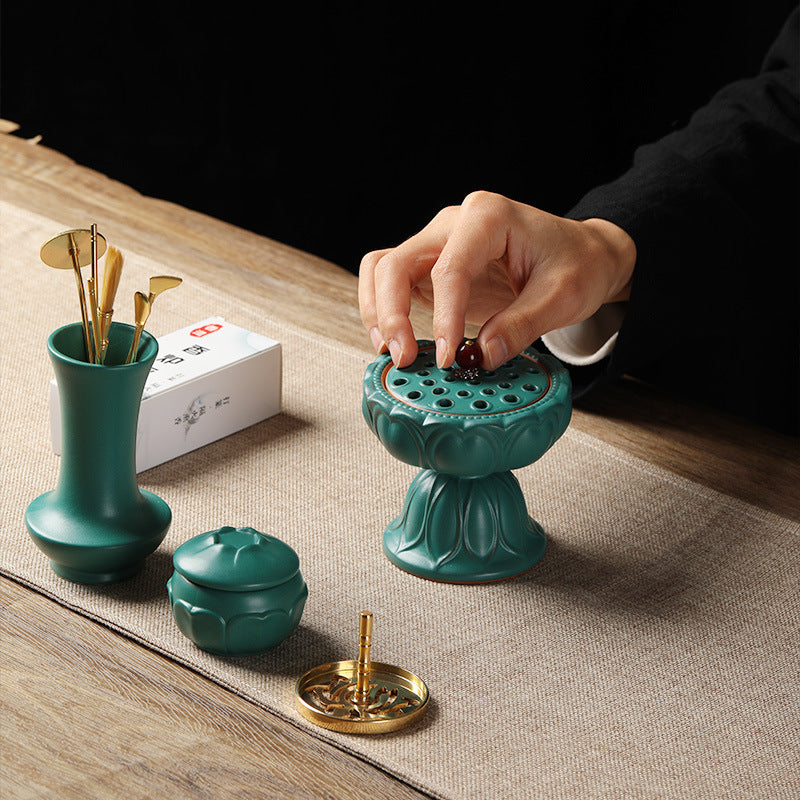 Lotus ceramic burner with matching jar and tool vase