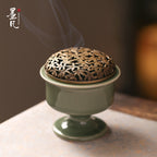 Olive Green Ceramic Incense Burner — pedestal style