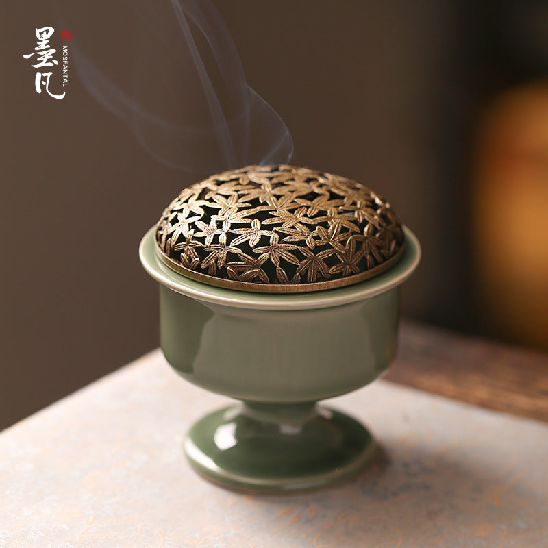 Olive Green Ceramic Incense Burner — pedestal style