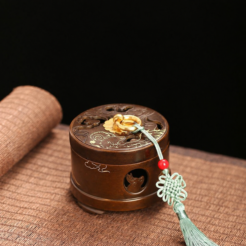 Cloud and tassel brass incense burner with lid