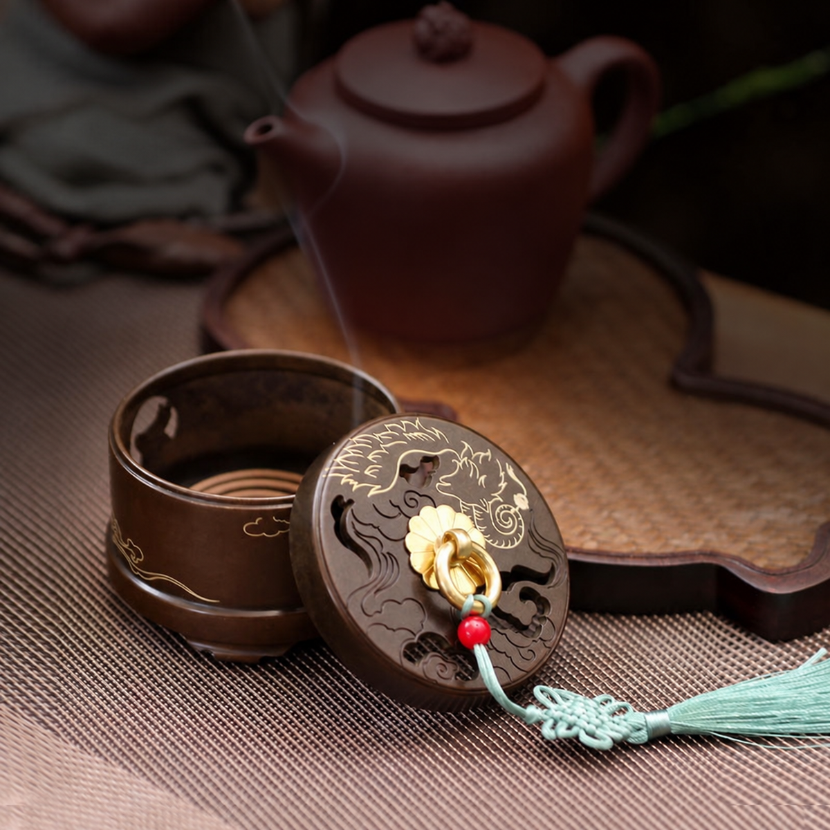 Brass incense burner open with the lid beside it