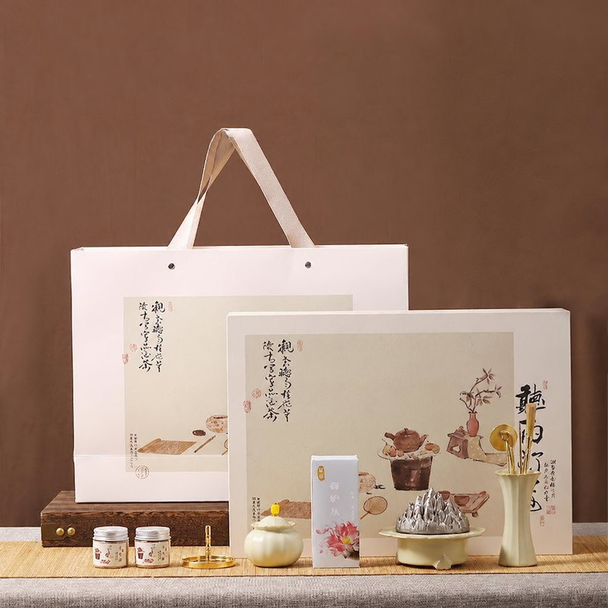 Celadon incense ritual set with illustrated gift packaging