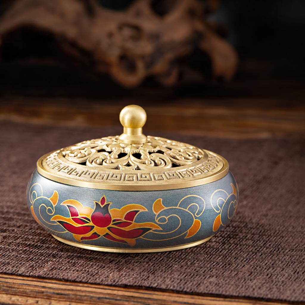 Painted lotus brass incense burner with a gold-tone lid