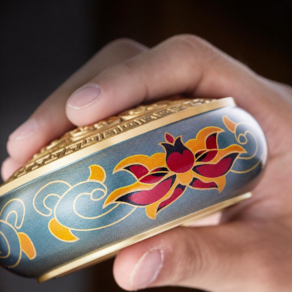 Close-up of the painted lotus pattern on the brass burner