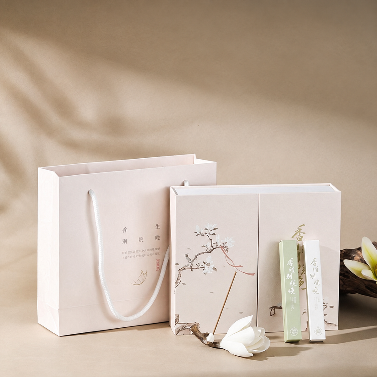 Ivory Magnolia Garden gift box, matching bag, two incense packs and flower-shaped holder