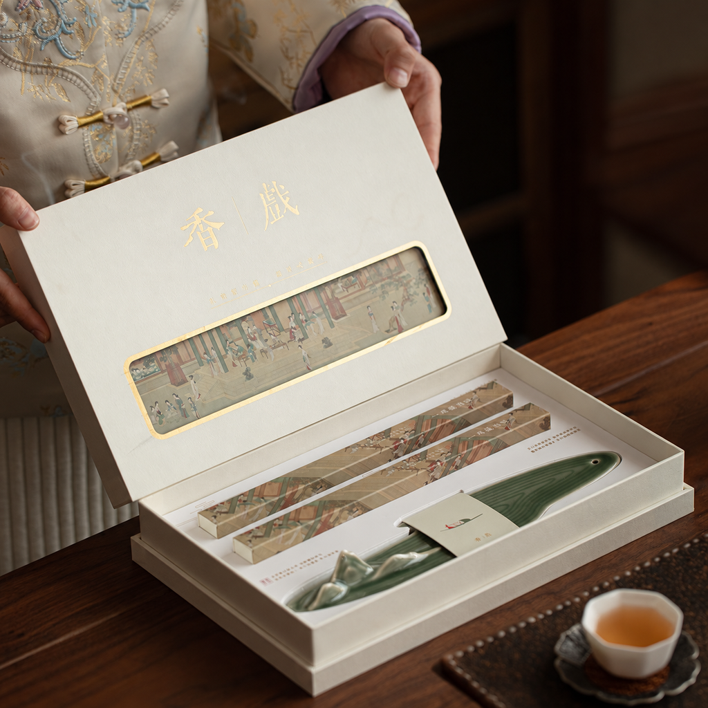Open Mountain Landscape gift box with two incense packs and a long green mountain-shaped holder
