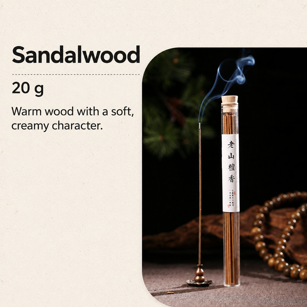Sandalwood incense sticks in a clear tube, 20 g