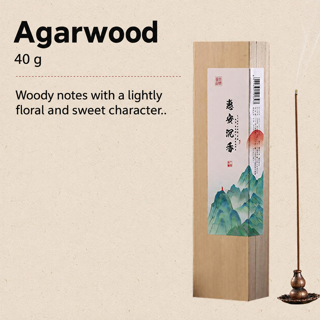 Agarwood incense in an illustrated wooden box, 40 g