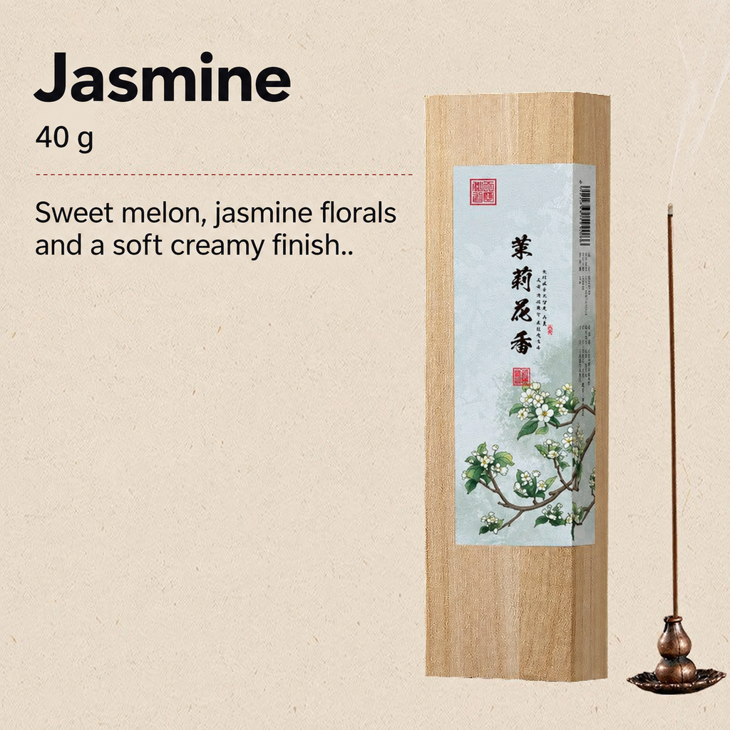 Jasmine incense in an illustrated wooden box, 40 g