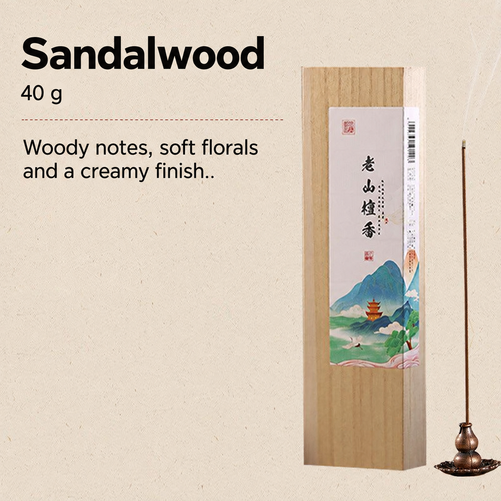 Sandalwood incense in an illustrated wooden box, 40 g