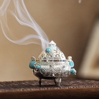 Turquoise accent miniature incense burner with pierced lid
