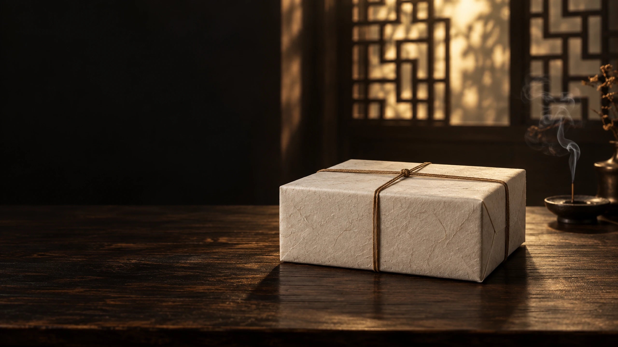 A cream paper gift box tied with hemp twine on a dark walnut table by a softly lit lattice window