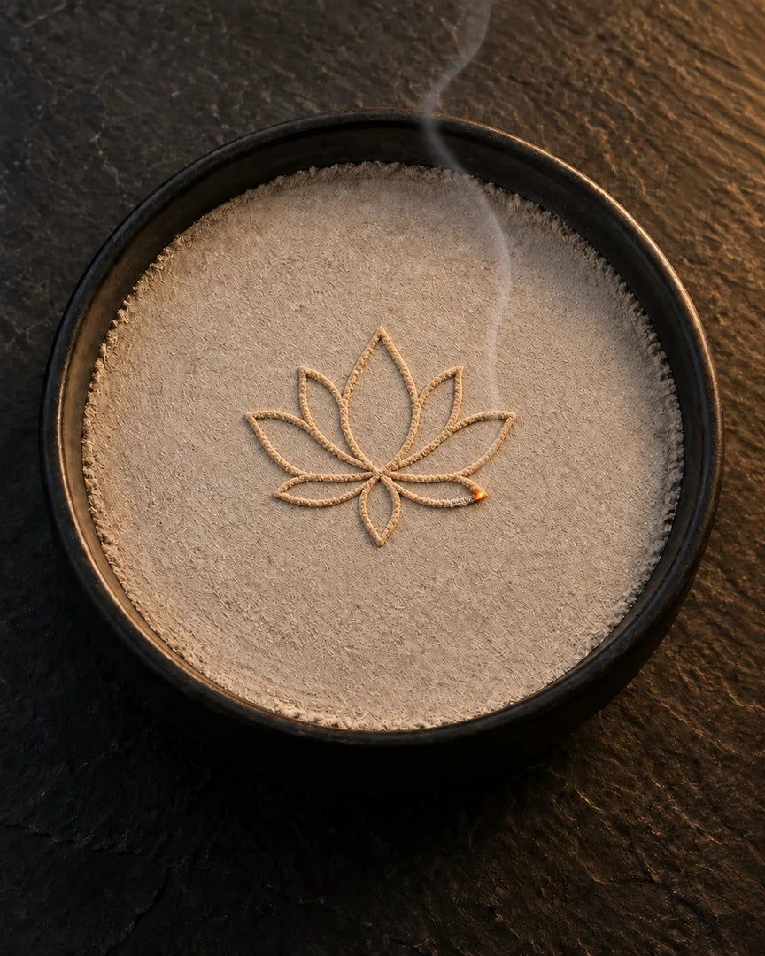 A lotus incense pattern glowing at one end with a delicate wisp of smoke